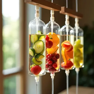 Fruit- and vegetable-infused IV drips in glass bottles