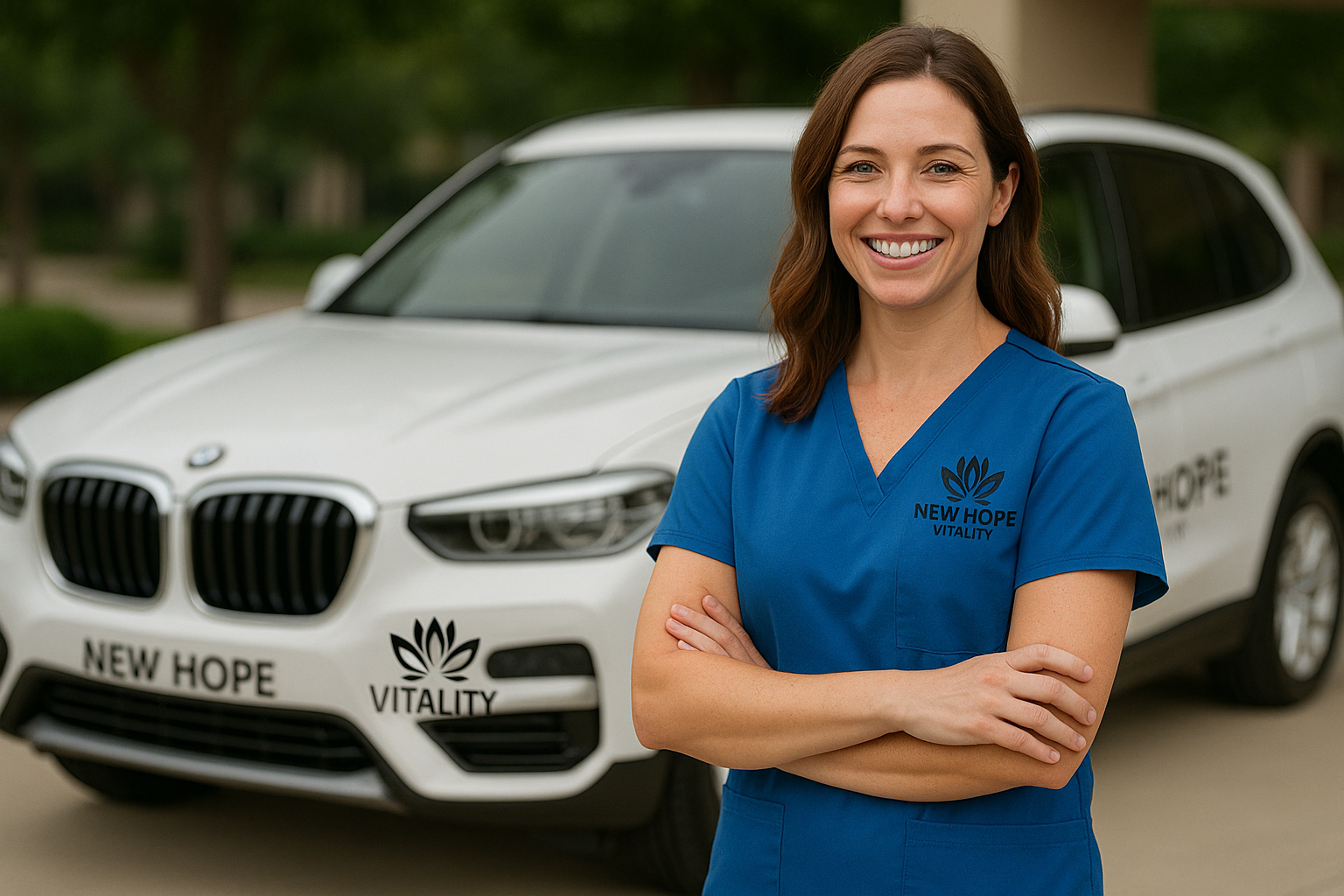 New Hope Vitality mobile IV nurse arriving with the clinic vehicle